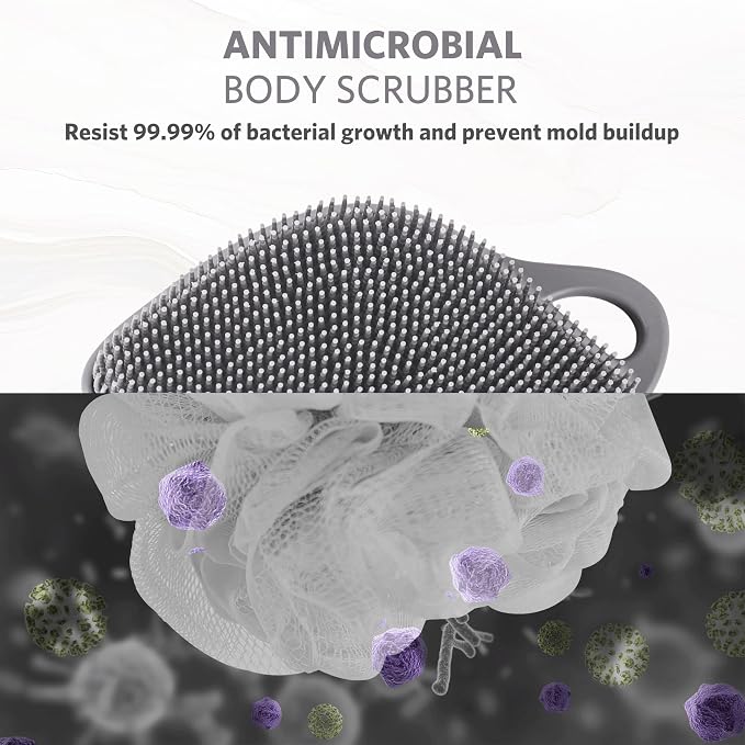 Sndyi Silicone Body Scrubber, Gentle Exfoliating Body Scrubber for Sensitive Skin, Leaf Shaped Shower Scrubber for Body with Lathering Bristles, Silicone Loofah Body Brush for Showering, Gray
