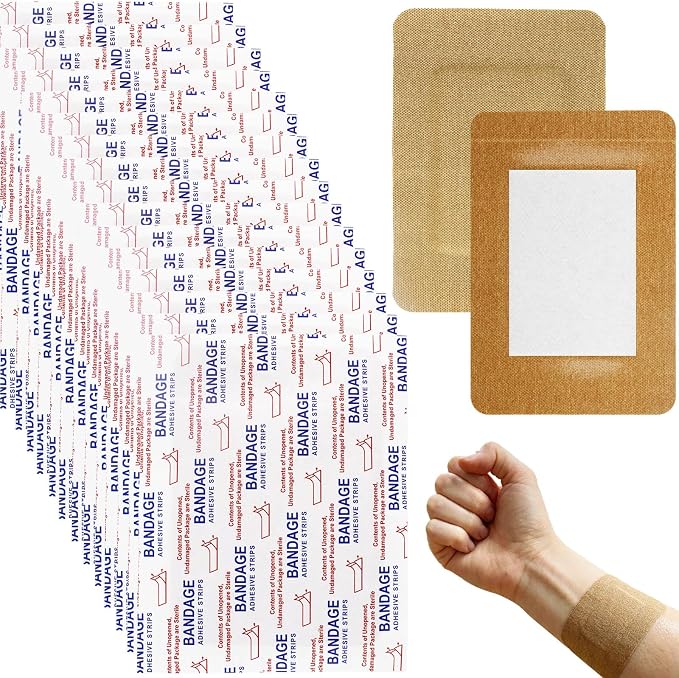 100 Pcs Large Bandages 3 x 4 Inch Wound Care Flexible Adhesive Bandages Latex Free Fabric for and Protect Wounds Large Size for First Aid Wound Care Assorted