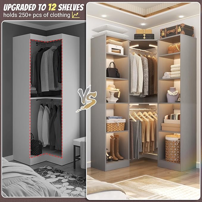 Besiost Corner Closet System with 12 Shelves, 39.2" Corner Closet Organizer System with 2 Hanging Rods, Versatile 6-Tier Walk-in Closets for Corner Space, Grey (39.2" L x 39.2" W x 80" H)