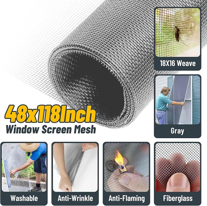 King&Charles Window Screen Replacement,Versatile Window Screen Door Kit | 48"x118" Gray Screen Mesh+Versatile Screen Roller Tool+0.14inx50Ft Spline+8Clips for Window Mesh,Patio, RV Mesh Replacement