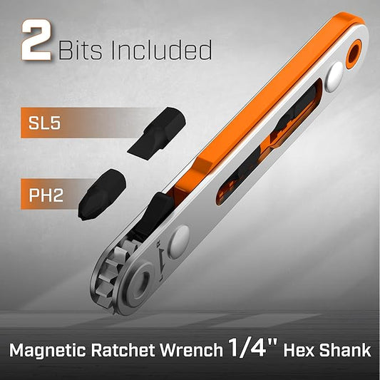 Bates- Mini Ratchet Wrench, 1/4" Magnetic 90 Degree Screwdriver, Orange, Low Profile Right Angle Screwdriver for Tight Spaces