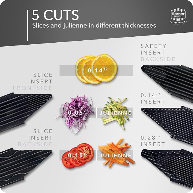 Börner by Reston Lloyd Mandoline Slicer V6 (Starter Set) • Stainless Steel Slicer with V-Blade • Adjustable Kitchen Slicer for Vegetables & Fruits • Various Thicknesses & Grater