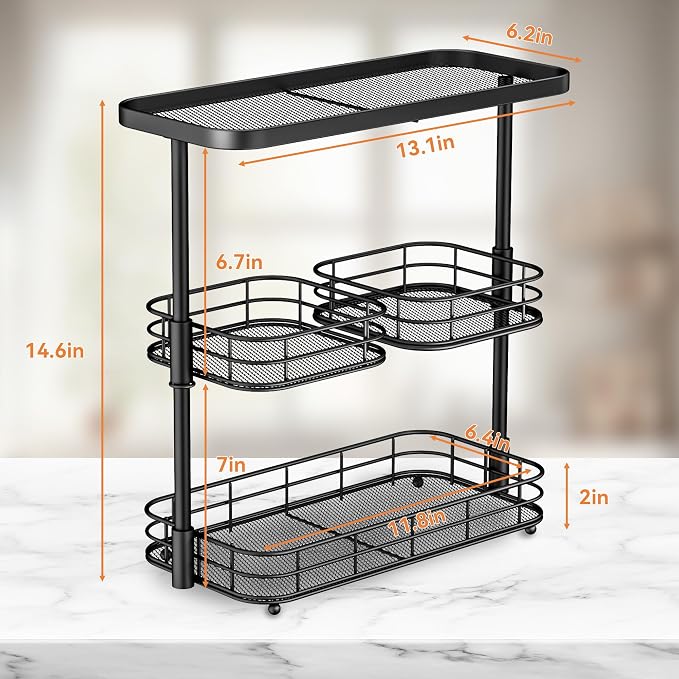 VITVITI 3 Tier Bathroom Organizer Countertop, Metal Wire Bathroom Counter Vanity Organizer Storage, Mesh Bath Room Sink Kitchen Shelf Rack with 360 Rotating Basket, Black