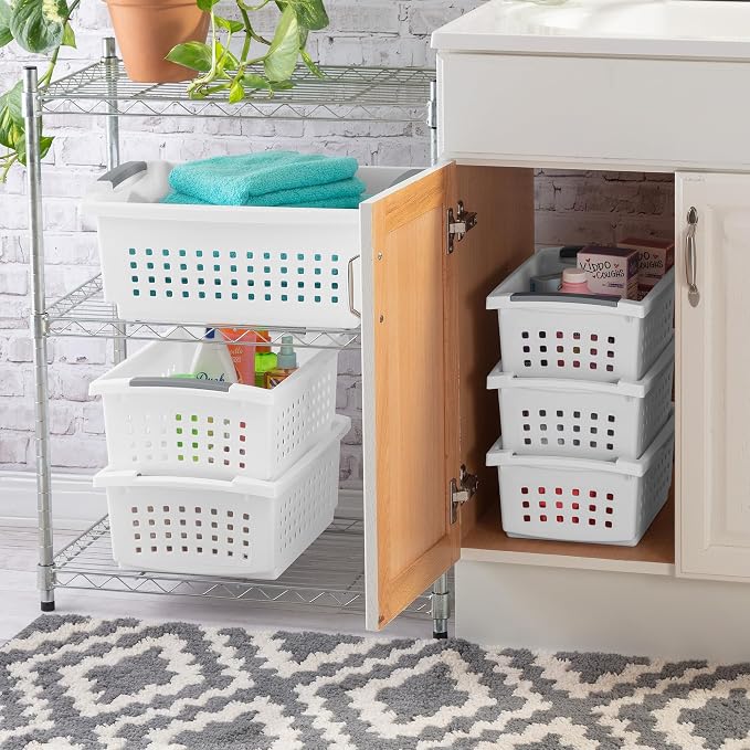 Sterilite 4 Pack Large Stacking Basket, Open Top Storage Bin with Handles, White - Ideal for Home Closets, Kitchens, or Office Organization