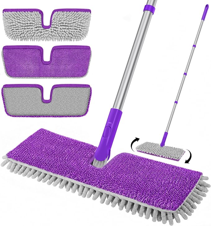 2-Sided Microfiber Flat Mop for Hardwood Floors & Walls Cleaning | Flip Dust Broom, Wet Dry Use, 3 Chenille & Microfiber Pads, 58" Handle, 360° Swivel, Sweep Pet Hair, Tile, Laminate, Kitchen