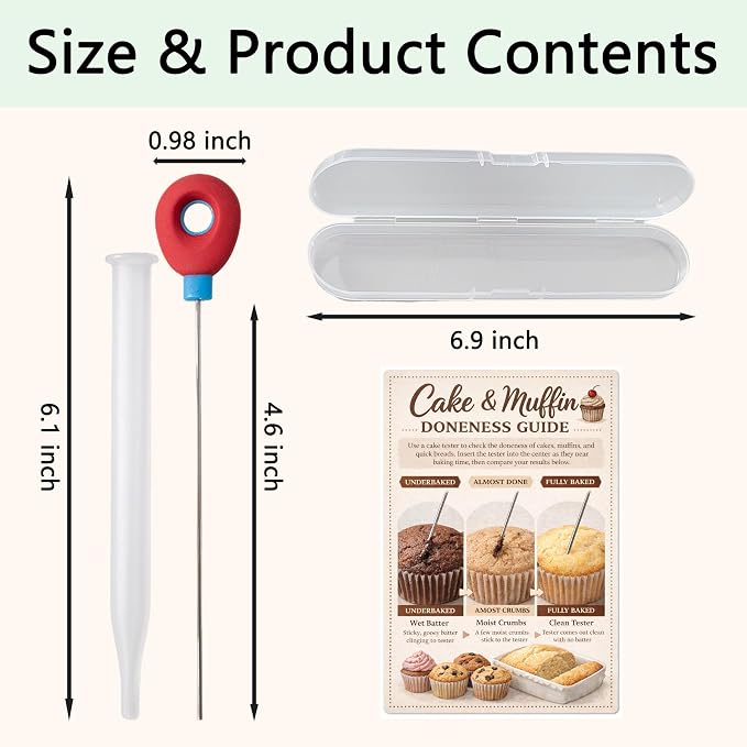 Cake Tester Set, 3-Pack Stainless Steel Baking Testers with Storage Case & Baking Guide, Reusable Cake Doneness Tester Tool for Cakes, Bread, Cupcakes & Brownies
