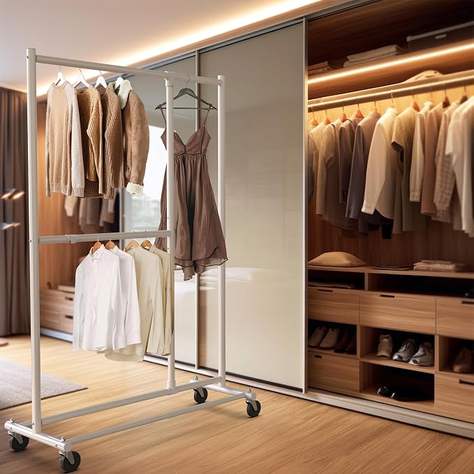 Simple Houseware Dual Bar Adjustable Clothing Garment Rack, 72" H, White | Extendable Middle Bar from 23" to 42.75 Inches Width