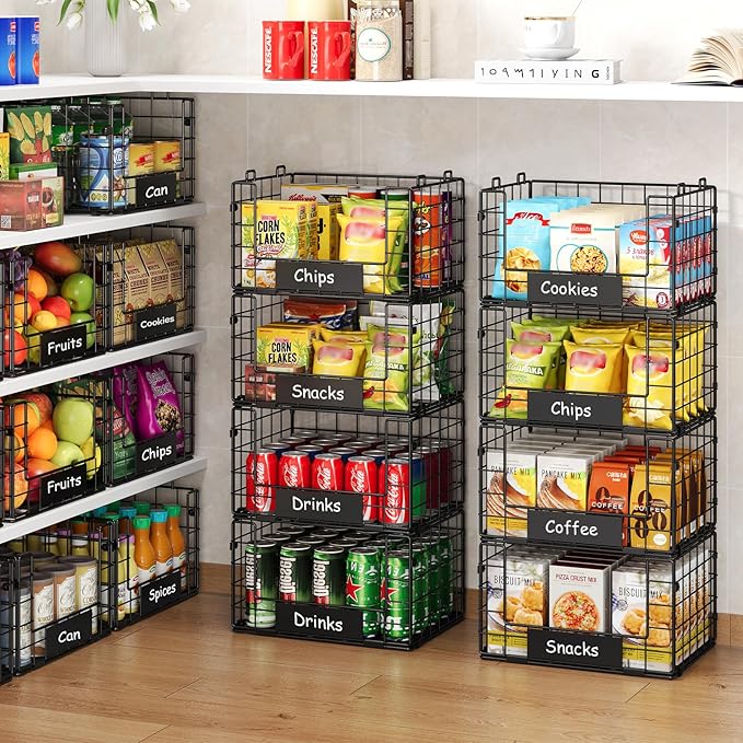 JKsmart 4 Pack XL Stackable Wire Baskets, Pantry Organizers and Storage | Pantry Baskets with Handles and Name Plates, Muti-Purpose for Snack Organizer & Vegetable Basket & Fruit Basket & Snack Rack