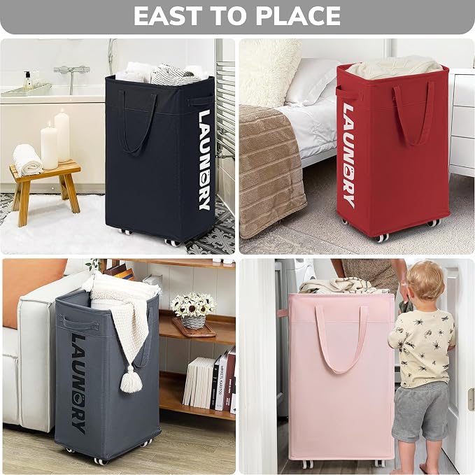 Goodpick 75L Collapsible Laundry Baskets with Removable Wash Bag and Wheels | Laundry Basket with Wheels, Rolling Laundry Hamper with Handle for College Dorm, Laundry Hamper on Wheels, Red