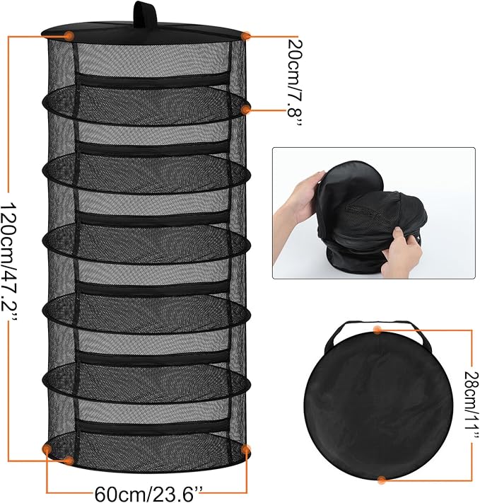 Desy & Feeci Drying Net Herbs 6-Layer Hanging Herbs Drying Rack Drying Net with Zippers, Black, 23.6 x 47.2 in (60 x 120 cm)