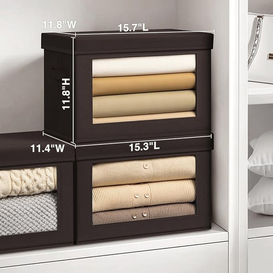 Homsorout Stackable Storage Bins with Lids - Large Storage Box with Lids, Foldable Closet Boxes for Organizing, Wardrobe Clothes Organizer with Window, Cubes Bins for Living Room, 6 Pack, Brown