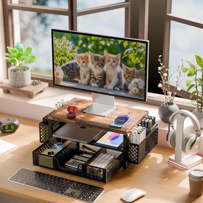 Simple Trending 2-Tier Wood Monitor Stand with Drawer & 2 Pen Holders | 20"W x 10"D x 5.8"H. Wood + metal frame, holds 100 lbs. 2-tier + drawer + pen holder. Non-slip base. Easy assembly.