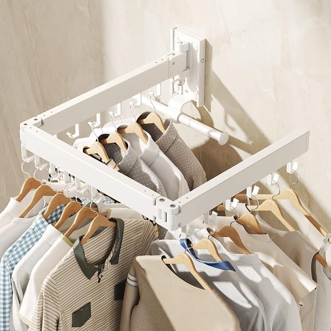 BOQORAD Wall Mounted Clothes Hanger Rack, Clothes Drying Rack,Laundry Drying Rack,Collapsible Clothes Rack Wall Mount, Retractable Drying Rack Clothing,can Fold Upward & Left & Right,White Color