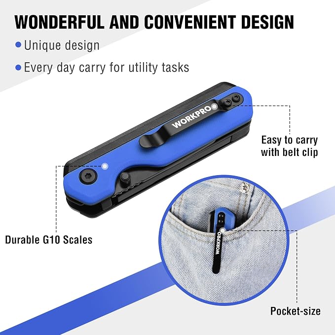 WORKPRO 2-in-1 Folding Knife/Utility Knife, Wood Handle, Blue G10 Handle | Quick-Change Box Cutter, Liner Lock, Belt Clip, 10 SK5 Blades, Carton Cutting, Camping, Hiking, Outdoor, DIY Projects