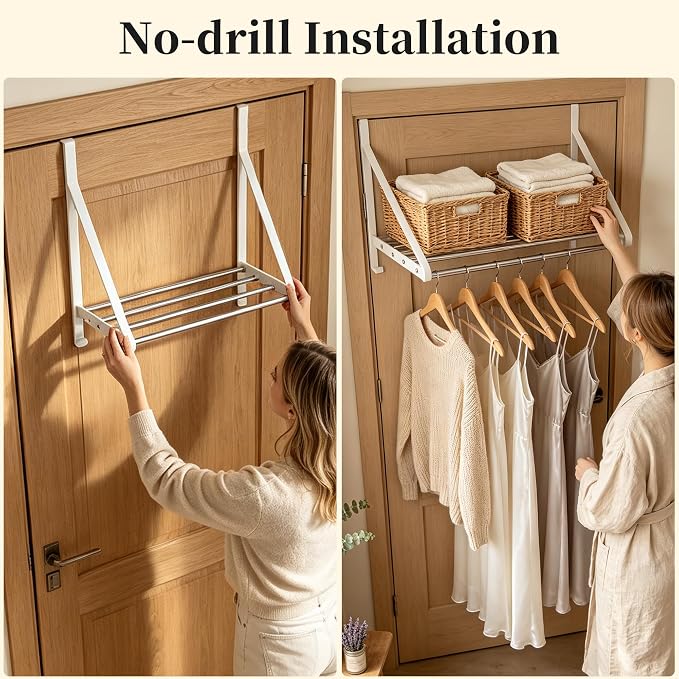Over Door Clothes Drying Rack 13"-23" Length No Drill for Apartment Rental | 60lb Heavy Duty Load, 4 Stainless Steel Rods and 2 Accessory Hooks Indoor Air Dryer Rack Space Saving for Bathroom, Dorm, RV