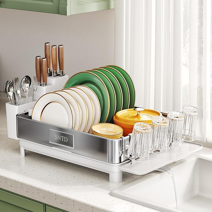 SNTD 304 Stainless Steel Dish Drying Rack for Small Kitchen Counter, White | Rustproof, Large Capacity, Heavy-Duty Frame, Rotating Spout, Angled Drainboard, Removable Cup & Utensil Holder