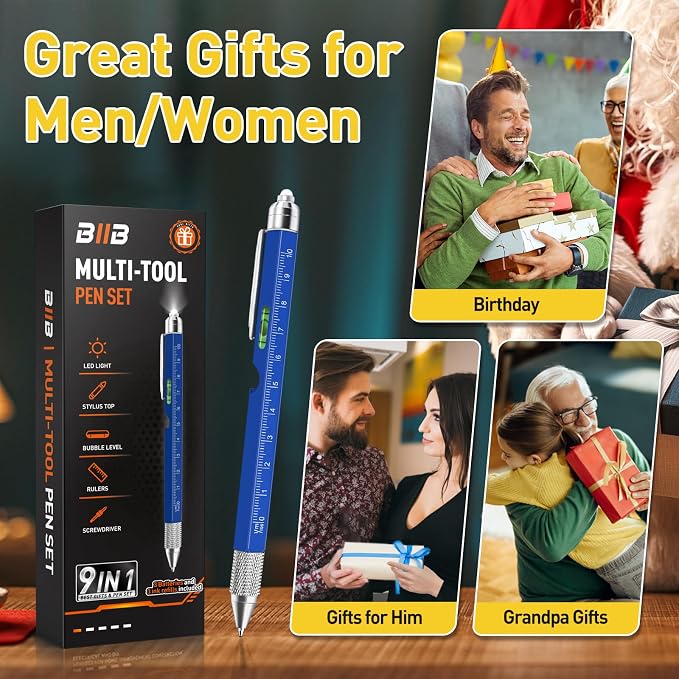 BIIB Gifts for Men 9 in 1 Multitool Pen, Mens Gifts for Him Dad Husband Boyfriend, Dad Gifts from Daughter, Gifts for Men Who Have Everything, Cool Tools