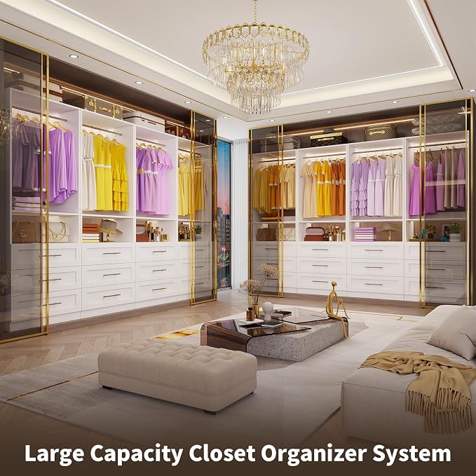 Closet System Set of 2, Closet System with 6 Drawers, 4 Rods & 2 Shelves, 4–10FT Walk in Modular Closet System, DIY Custom Built in Wood Closet Organizer Kit, White