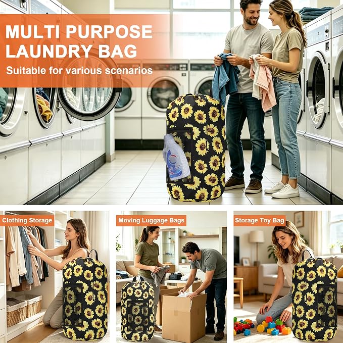 Laundry Bag Backpack Durable Laundry Bag with Shoulder Straps and Mesh Pockets Portable Laundry Hamper Dirty Clothes Bag for College, Travel, Laundromat, Apartment (Sunflower, 2 Pack)