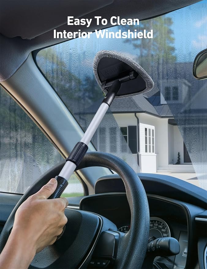 AstroAI 21" Extra-Long Windshield Cleaner Tool, Car Interior Detailing Cleaning Kit with Extendable Handle and 4 Upgraded Reusable Microfiber Pads, Auto Glass Wiper Brush Kit for Cars, Gray, 2 Pack