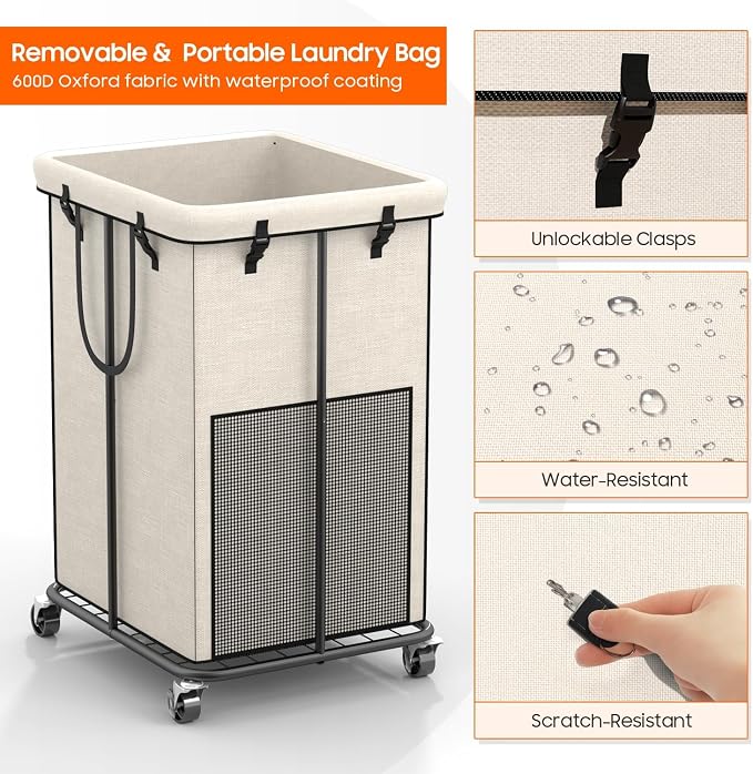 Laundry Hamper with Wheels, 150L Rolling Laundry Basket with Bag & Handles | Sturdy Metal Frame | Removable Bag | Large & Tall Dirty Clothes Hampers for Laundry Room, Bedroom, Dorm, Bathroom-White
