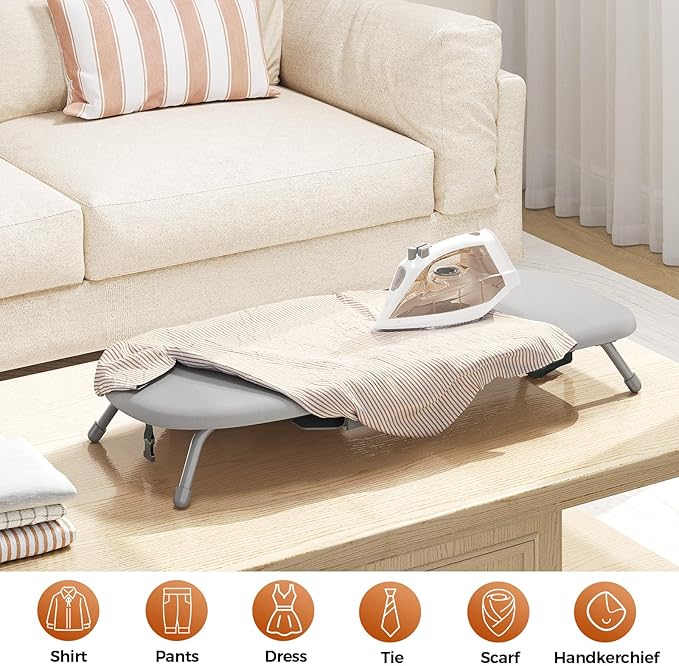 Kingboard Small Ironing Board with Iron Holder, Tabletop Iron Board with Resistant Cover, Portable Table top Ironing Board with Non-Slip Feet for Home Travel, 12 * 32 Grey