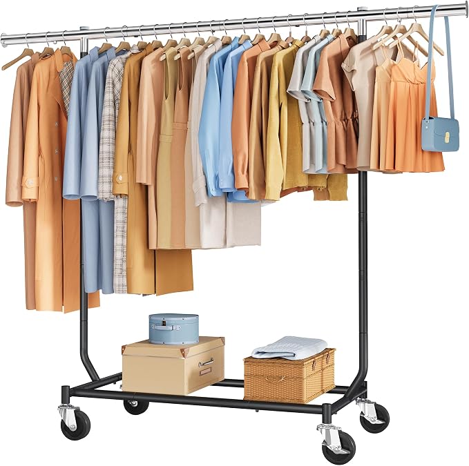 Tajsoon Collapsible Clothes Racks with Wheels, Metal Clothing Rack and Height Adjustable, Heavy Duty Foldable Garment Rack Load 300 LBS, Commercial Rolling Racks for Bedroom, Living Room, Store, Black