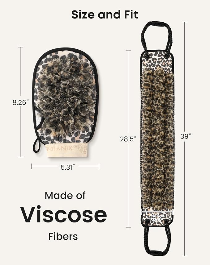 eaxun Exfoliating Back Scrubber with Two Handles & Glove for Shower, Dual-Sided Mitt and Wider Bath Exfoliator with Mesh Loofah for Men, Women, Elderly, Deep Cleansing Body Washer Set - Leopard
