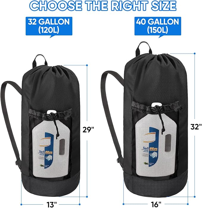 BALEINE 2PK 150L Laundry Bag Backpack, 900D Oxford Fabric Large Travel Laundry Bags with Shoulder Straps and 2 Mesh Pockets for College Dorm, Apartment, Laundromat (Black, 150L)