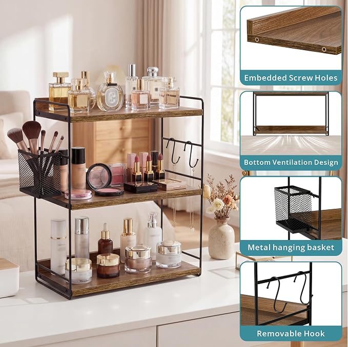 3-Tier Bathroom Counter Organizer with Basket, Brown | Wood Shelf for Skincare & Makeup, Sturdy & Space Saving, for Kitchen, Bathroom, Dresser