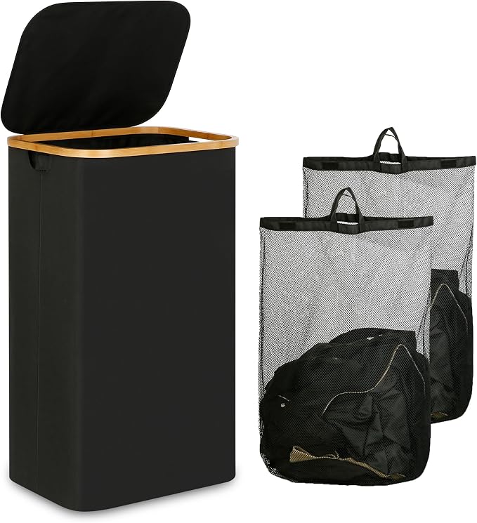IEGrow Laundry Hamper with Lid,110L Laundry Basket with 2 Mesh Bags,Black | Dirty Clothes Hamper Basket with Bamboo Handle for Clothes Towels Organization