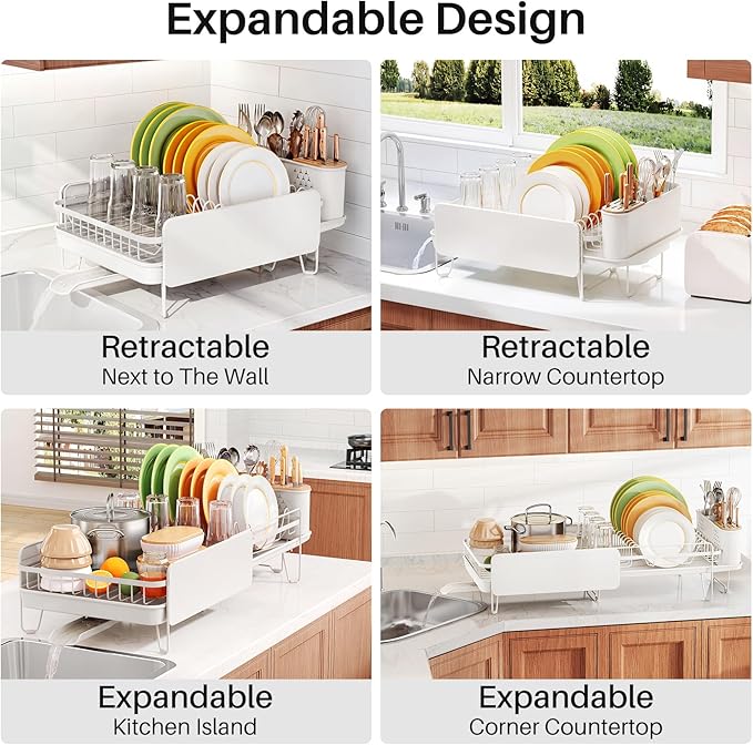 SNTD Dish Drying Rack - Large Dish Racks for Kitchen Counter, Expandable Dish Drainers with Cutlery Holder Stainless Steel Rustproof (White)