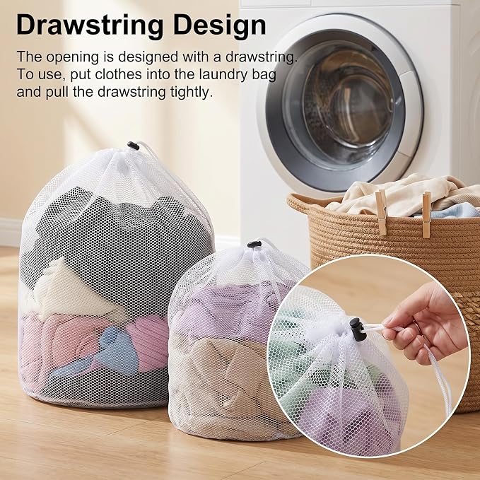 3 Pcs Mesh Laundry Bags, Drawstring Net Bags for Laundry Mesh Wash Bag Garment Bag for Washing Machine Home College Dorm Hotel Travel Family and Apartment Dwellers Use (3 Sizes)