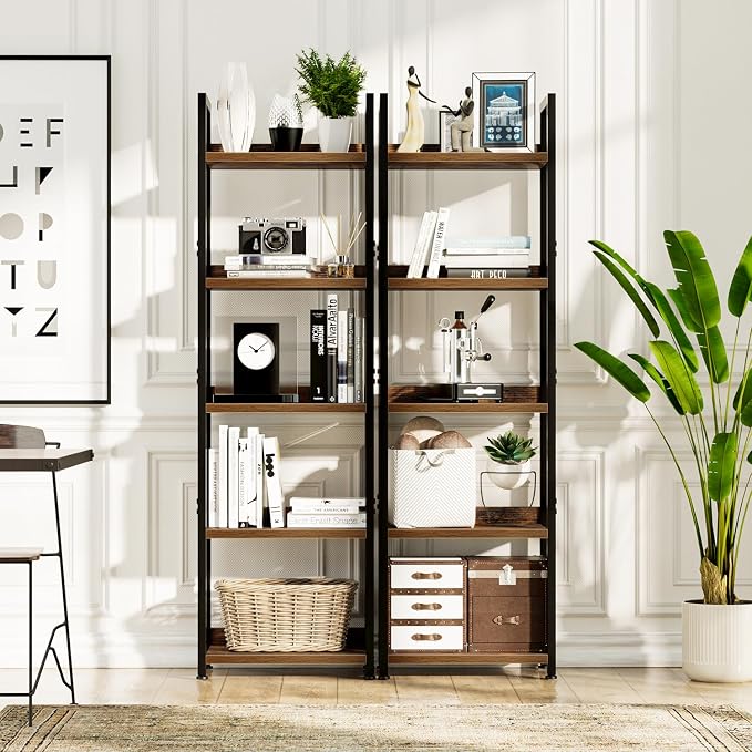 NUMENN Narrow Bookshelf, 5 Tier Freestanding Shelving Unit, Vintage | Metal Frame & Wood Shelves, Falling Prevention Baffle, Open Storage Bookcase for Bedroom, Living Room & Home Office