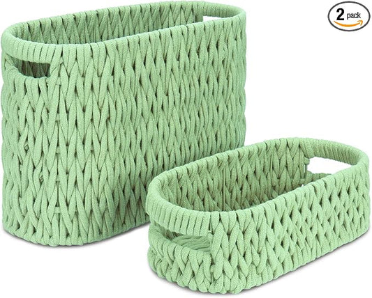 Boho Toilet Paper Storage Baskets, Cotton Rope Woven Bathroom Basket Set of 2, Standing Toilet Paper Holder for 6 Mega Rolls,Storage Bins for Toilet Tank Top, Bathroom Organizer Decor (Green 2 Pack)