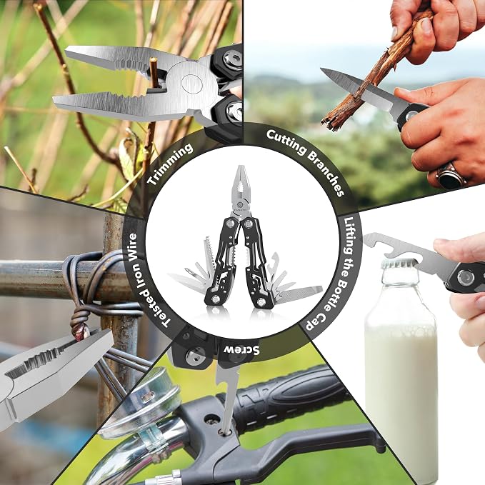 14-In-1 Multitool with Safety Locking, Professional Stainless Steel Multitool Pliers Pocket Knife, Bottle Opener, Screwdriver with Nylon Sheath ，Apply to Survival,Camping, Hunting and Hiking 1 Pcs