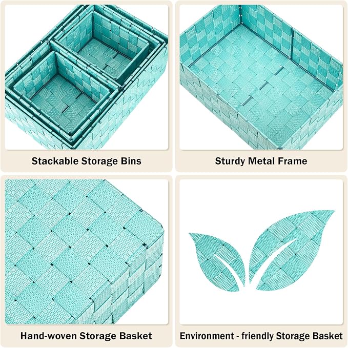Woven Storage Baskets, Storage Bins, Cube Basket Container Baskets Storage Boxes Organizers for Clothes/Shelves/Closet, Set of 6 (Aqua)