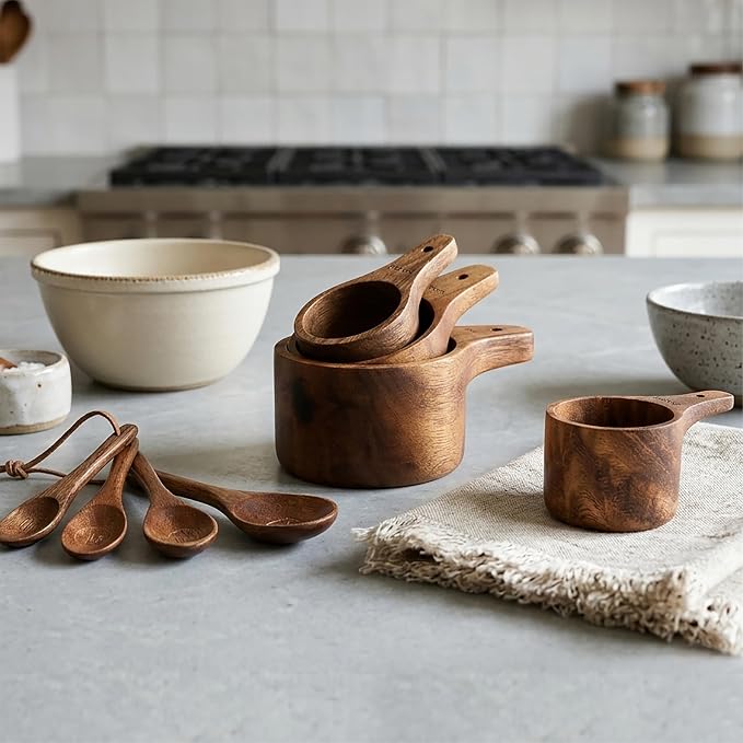 8PCS Wooden Measuring Cups and Spoons Set, Kaloo Natural Solid Acacia Wood Measuring Cups for Dry and Liquid Ingredients (Laser Engraved Measurements)