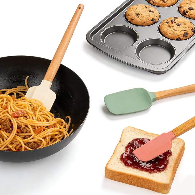 3PCS Heat Resistant Silicone Spatula Set, Silicone Spatula with Wooden Handle, Silicone Spatula Wooden Handle, Spatulas Silicone Heat Resistant Wood, Rubber Spatula for Baking Non-Stick Cooking Mixing