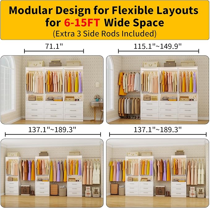 Closet System Set of 3, 6FT-15FT Closet System with 9 Drawers, Walk in Closet System with 6 Hanging Rods Adjustable & 3 Shelves, Modular Custom Closet Organizer Storage System Freestanding, White