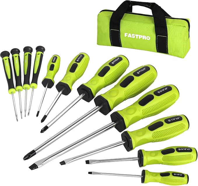 FASTPRO 12-Piece Magnetic Screwdrivers Set with Storage Bag, Green | 4 Phillips & 4 Slotted Tips, 4 Precision Screwdrivers, CR-V Steel, Ergonomic Handles, Home Repair Tool Kit
