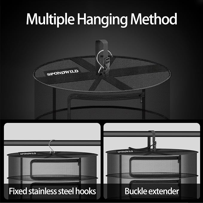 Herb Drying Rack Hanging Mesh, 2ft Diameter 7 Layer Plant Drying Rack with Door Type Zipper & Closed Storage Compartment for Folding Basket Dryer Fiting in Grow Tents, Garden Outdoor