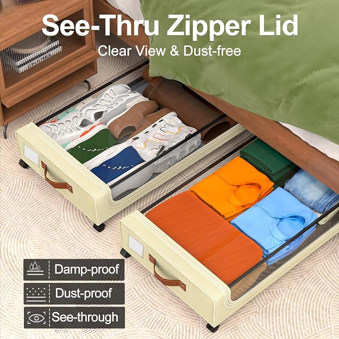 GoMaihe Under Bed Storage with Wheels: 48L Underbed Storage Containers with Lids - Rolling Bins for Shoes Clothes in Dorm Bedroom - Metal Drawers Easy Pull-out Beige 2-Pack