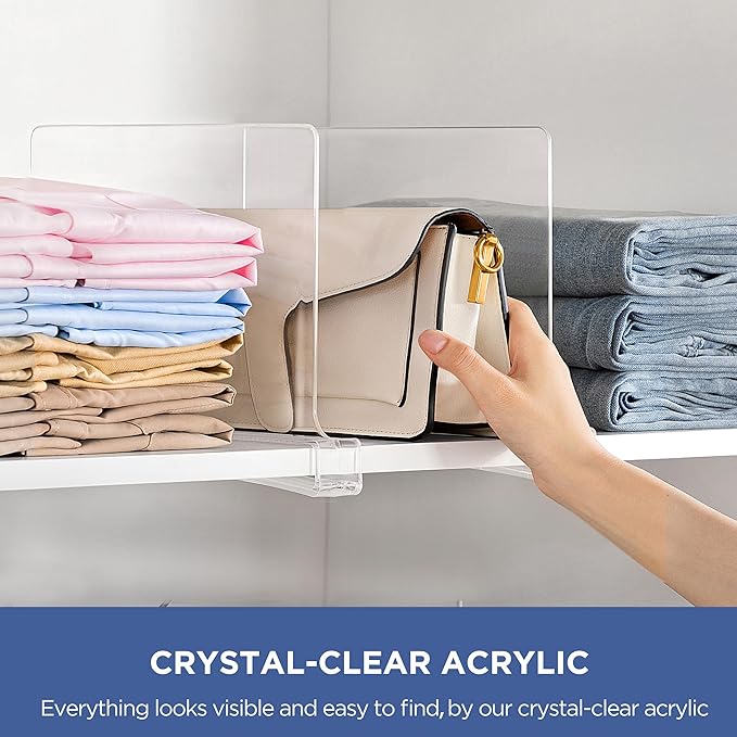 HBlife 7 Pack Clear Shelf Dividers, Vertical Purse Organizer for Closet Perfect for Sweater, Shirts, Handbags in Bedroom and Kitchen, Adjustable Acrylic Bookshelf for Organization