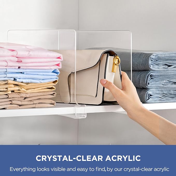 HBlife 9 Pack Clear Shelf Dividers, Vertical Purse Organizer for Closet Perfect for Sweater, Shirts, Handbags in Bedroom and Kitchen, Adjustable Acrylic Bookshelf for Organization