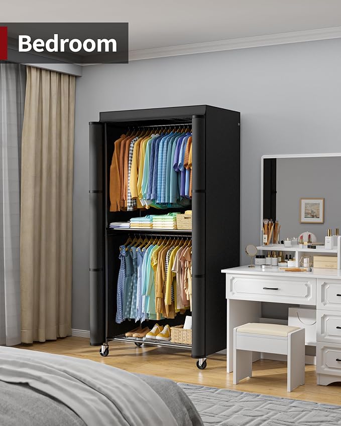 Sakugi Clothes Rack with Cover, Wardrobe Closet with Lockable Wheels, 35.4" x 17.7" x 79.7", Rust-Resistant, Black