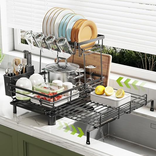 2-Tier Expandable Dish Drying Rack for Kitchen Counter, Black | Large Capacity Dish Rack Organization, Heavy-Duty Carbon Steel, 17 lbs Capacity, Swivel Drain Spout & Cup Hooks