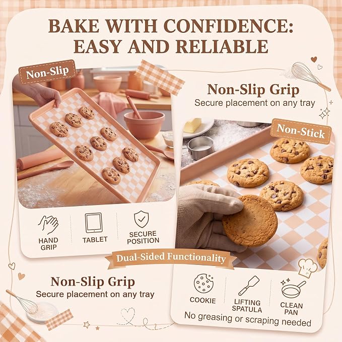 Domensi 2 Pcs Checkered Silicone Baking Mat Non-stick Reusable Oven Liner, Food Grade Silicone Roasting Mat with Anti-slip Grid Design for Baking, Oven, Air Fryer(Yellow and White, 17 x 25 Inch)