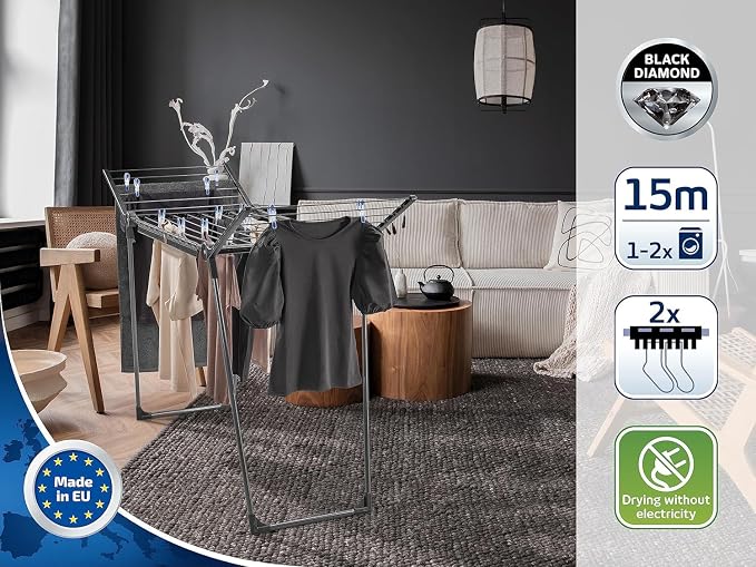 Leifheit Pegasus 150 Solid Slim Black Edition Clothes Airer, Stable Tumble Dryer, Long Wings, Particularly Compact Wing Balcony Airer that Goes Through Narrow Doors