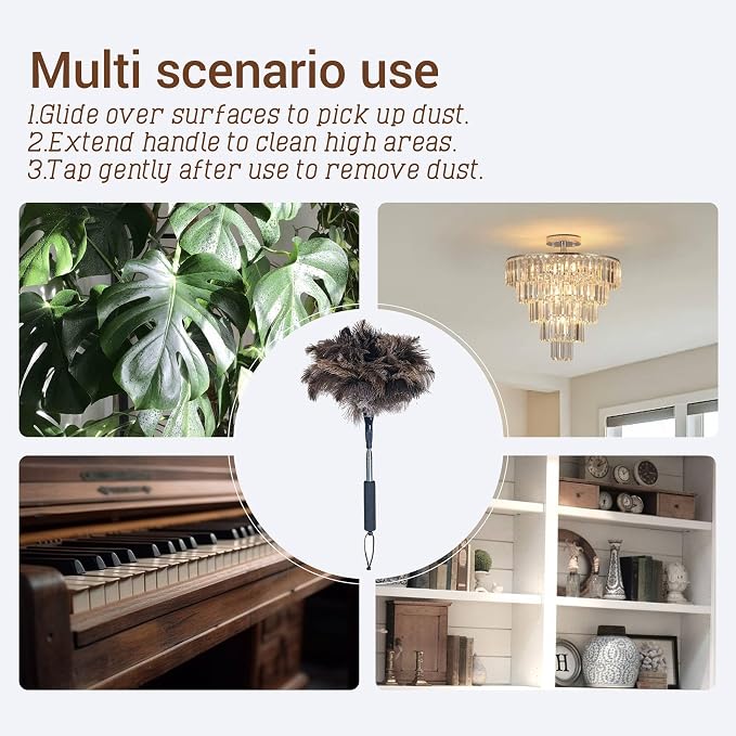 Ostrich Feather Duster for Electronics, Keyboard – Soft Dusting Tool for Screen, Fragile Items, Office, Home Cleaning (A12- Black Handle)